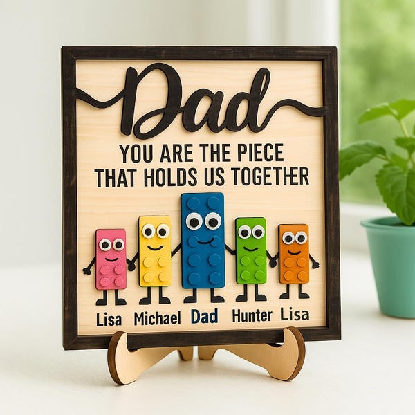 Personalized Best Dad Ever 2-Layered Wooden Plaque With Stand, Custom Kid's Name, Fathers Day Gift For Dad, Grandpa, You are the piece Sign