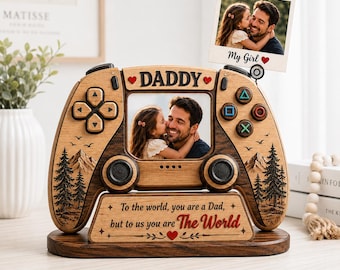 Personalized Fathers Day Gift for Gamer Dad, Retro Game Console Photo Wooden Block Sign,  Custom Photo Frame Gamer Dad Sign