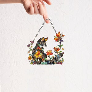 Personalized cat window hanging, Yellow Flowers Mica, Acrylic Flowers Wall Window Hanging Art Decoration, Cat home decor, Cat ornament