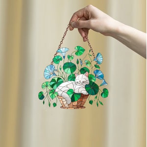 Personalized Cat Acrylic Window Hanging: Blue Morning Glory Flowers