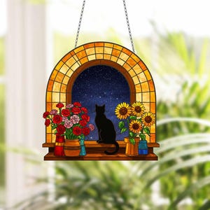 Personalized cat Window Hanging, Acrylic Poppy Flowers Wall Window Hanging Art Decoration, Cat home decor, Gift for mom, cat lovers