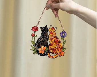 Gato Suncatcher personalizado, Suncatcher acrílico, flores de amapola pared ventana colgante decoración de arte, decoración del hogar del gato, regalo para mamá, amantes de los gatos