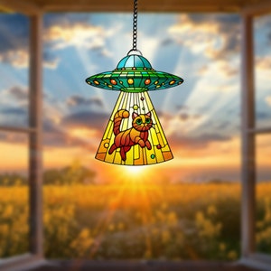 UFO en buitenaardse kat raam hangend, Silly Cat arcylic raam hangend kunstdecoratie, kat interieurornament, cadeau voor haar, housewarmingcadeau