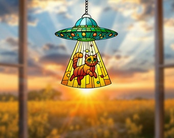 UFO Alien Cat Acrylic Window Hanging: Silly Home Decor Ornament
