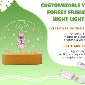 May include: A customisable night light featuring a fairy with wings and flowers in a clear dome. The base is wood and the light has a remote control. The text "Elyah 15.04.2024" is on the dome. The text "CUSTOMIZABLE YOUR FOREST FRIENDS NIGHT LIGHT" is at the top of the image. The text "VERSATILE LIGHTING EFFECTS" and "SAFE AND RELIABLE" are below the image.