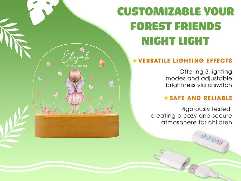 May include: A customisable night light featuring a fairy with wings and flowers in a clear dome. The base is wood and the light has a remote control. The text "Elyah 15.04.2024" is on the dome. The text "CUSTOMIZABLE YOUR FOREST FRIENDS NIGHT LIGHT" is at the top of the image. The text "VERSATILE LIGHTING EFFECTS" and "SAFE AND RELIABLE" are below the image.