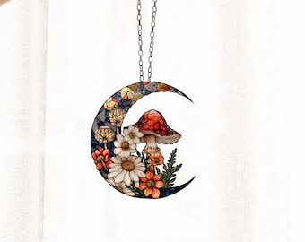 Mushroom Crescent Moon Acrylic Window Hanging: Fly Agaric Decor