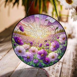 Violet Flower field sunset GLASS Suncatcher Hanging, Birth Month Flower glass, Window hanging, Suncatcher ornament, Gift for her