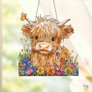 Highland Cow Window Hanging: Wildflower Acrylic Decor