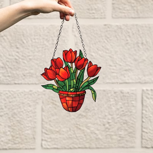 Tulipe attrape-soleil à fleurs rouges, fleurs de mica, décoration d'art suspendue à une fenêtre murale, plante Monstera, ornement attrape-soleil, cadeau fleur pour maman