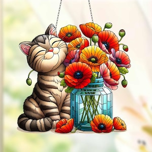 Personalized Tabby Cat Decor, Acrylic Suncatcher, Poppy Flowers Wall Window Hanging Art Decoration, cat lovers gift, mom gift