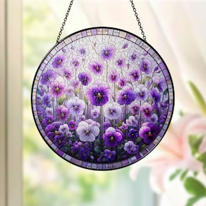 Violet Flower field sunset GLASS Suncatcher Hanging, Birth Month Flower glass, Window hanging, Suncatcher ornament, Gift for her
