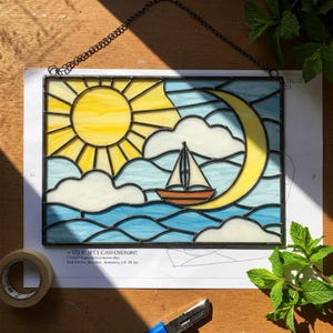 Ocean Wave Stained Glass PATTERN, Wave Blown Suncatcher, Sunset On Beach Pattern, Hobby License Download, DIY Stained Glass, PDF Pattern