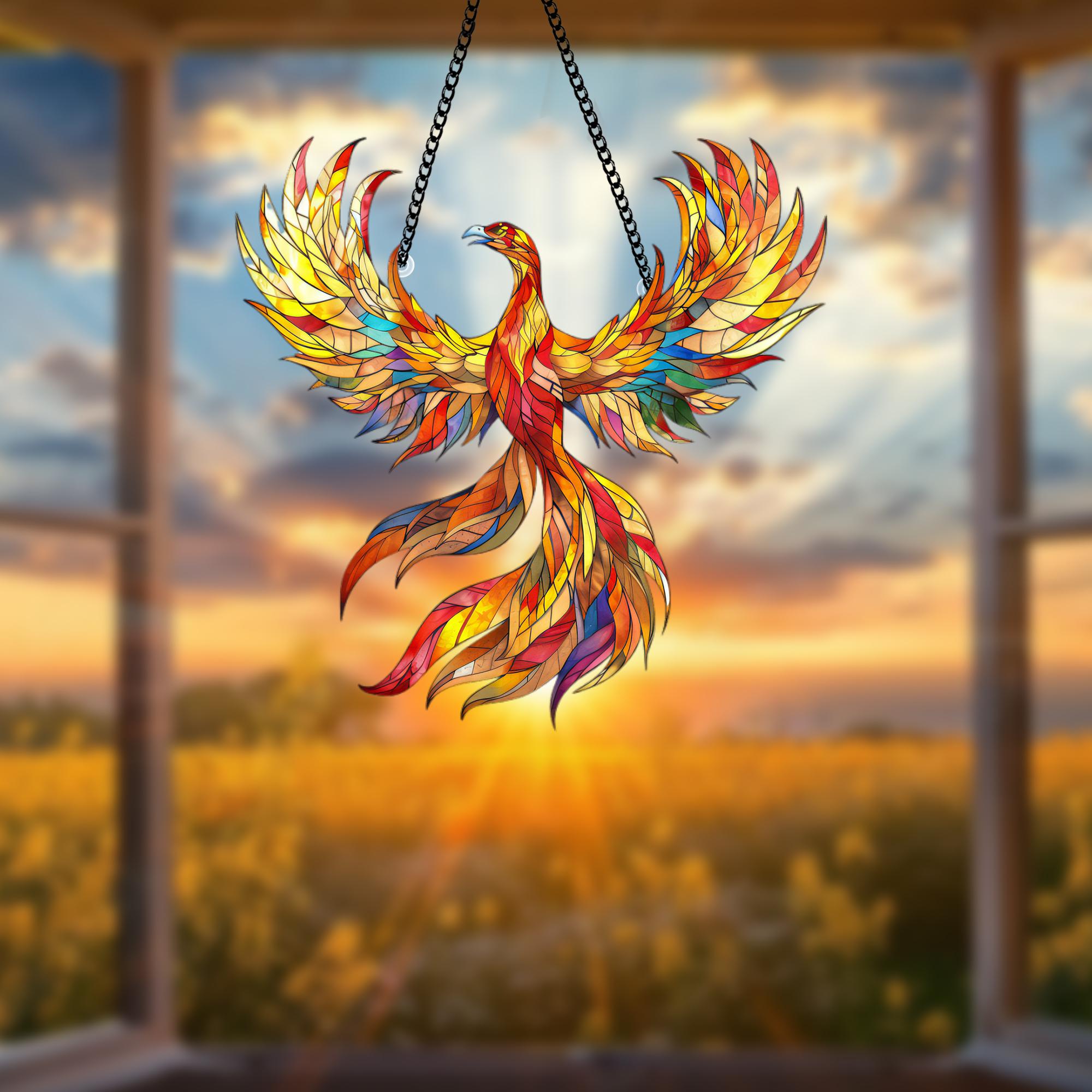 アナ ウィンツアー オーナメント ガラス Phoenix Acrylic Window Hanging: Firebird & Lotus Flower Ornament