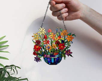 Suncatcher Gele bloemen, Bloemen Acryl Raam Hangende Kunst Decoratie, Monstera plant, Suncatcher Ornament, Cadeau voor haar