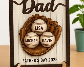 Father's Day Gifts 2026, Personalized We Caught The Best Dad 2-Layered Wooden Plaque With Stand, Custom Kid's Name Baseball Sign
