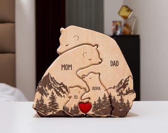 Hugging Bear Family New Version, Personalized Wooden Bear Family Puzzle, Father's Day Gift, Animal Family Puzzle Decor, Custom Dad Gift