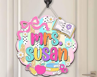 Custom Teacher Name Sign: 3D Preppy Classroom Door Hanger