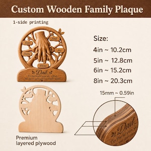 May include: A custom wooden family plaque featuring a tree design with hands and names. The text reads: Custom Wooden Family Plaque, 1-side printing, Dad, To the world you are a Dad, but to us you are our whole world. Sizes include 4in, 5in, 6in, 8in, and 15mm thickness.