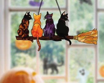 Personalized Cat Window Hanging: Acrylic Halloween Cats on Broom Decor