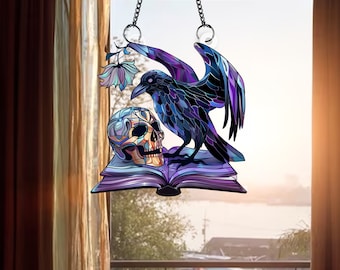 Raven & Skull Acrylic Window Hanging: Spooky Season Decor