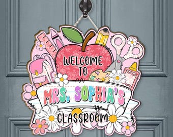 Personalized Teacher Name Sign: Floral Apple Classroom Decor, Chinoiserie Wood