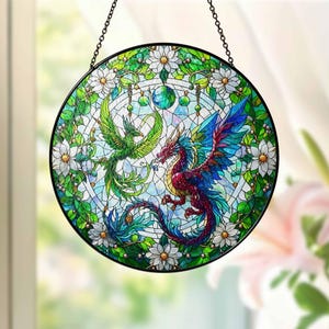 Dragon Wildflowers Stained Glass Suncatcher, Fantasy Book Lover Decor, Tea and Coffee Art, Mystical Window Hanging, Gift for Readers