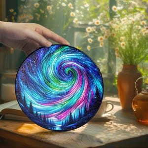 Aurora Borealis Glass Suncatcher Hanging, Forest Aurora Suncatcher, Handcrafted Northern Lights Decor, Glass Art for Nature Lover, Mom Gift