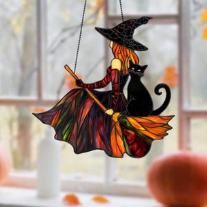 Personalized Witch & Black Cat Acrylic Window Hanging: Gothic Halloween Decor