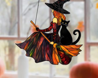 Personalized Witch & Black Cat Acrylic Window Hanging: Gothic Halloween Decor