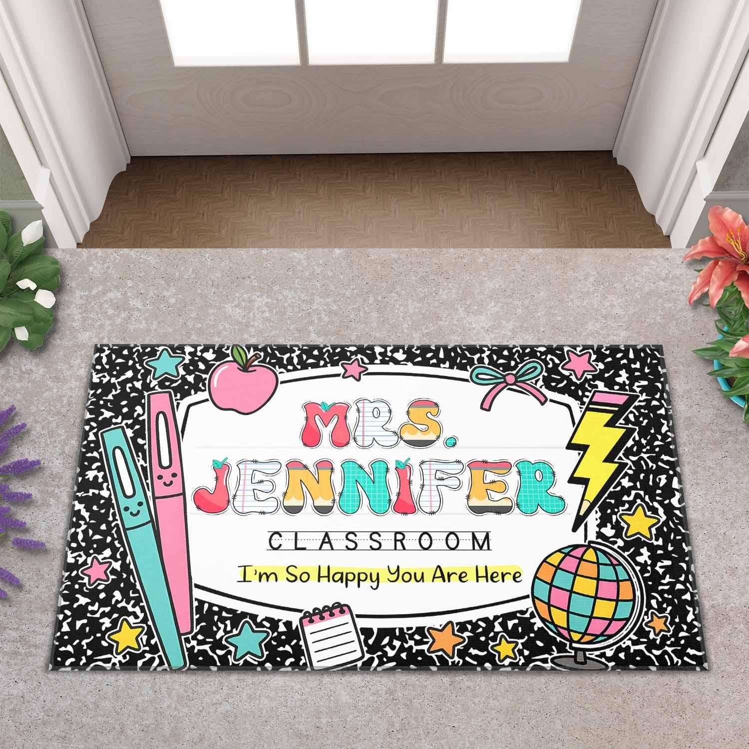 Personalized Teacher Classroom Doormat, Teacher Name Welcome Mat, Teacher Appreciation Gift, Composition Notebook Classroom Office Doormat