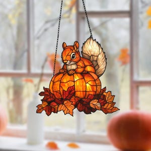 Autumn Squirrel Acrylic Window Hanging: Fall Home Ornament