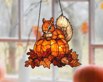 Autumn Squirrel Acrylic Window Hanging: Fall Home Ornament