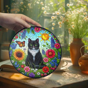 Personalized Tabby Cat in Flower Garden Suncatcher, Memorial Cat Stained Glass Ornament, Cat Lover Gift, Gift for her, Mother&#39;s Day Gift