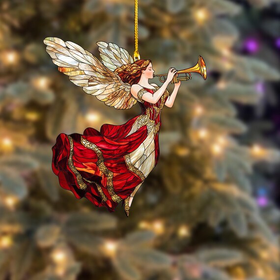 Christmas Angel Acrylic Ornament: Whimsical Trumpet Window Decor