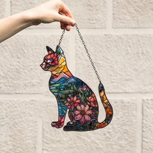 Cat Window Hanging, Mica Flowers, Flowers Arcylic Window Hanging Art Decoration, Cat home decor Ornament, gift for her, Housewarming Gift