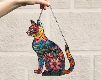 Floral Cat Acrylic Window Hanging: Home Decor Ornament