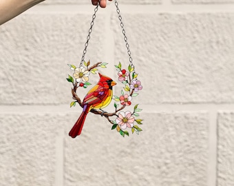Cardinal & Sakura Flowers Acrylic Window Hanging: Bird Decor