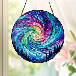 Aurora Borealis Glass Suncatcher Hanging, Forest Aurora Suncatcher, Handcrafted Northern Lights Decor, Glass Art for Nature Lover, Mom Gift
