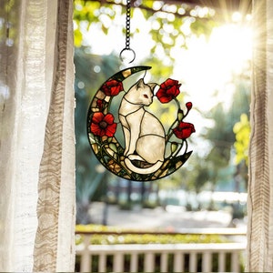 Personalized cat Window Hanging, Acrylic Poppy Flowers Wall Window Hanging Art Decoration, Cat home decor, Gift for mom, cat lovers
