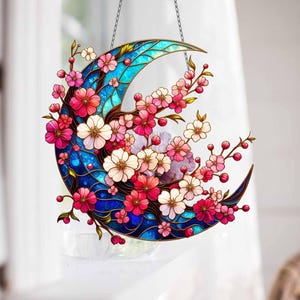 Sakura Twig Branch ACRYLIC Window Hanging, Cherry Blossom Crescent Moon Wall Window Hanging Art Decoration Ornament, Mother&#39;s Day Gift