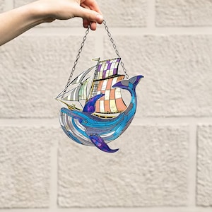 Ocean wave suncatcher, acrylic ocean mysterious, window hangings, Blue Whale, Pink planets Suncatcher Ornament, gift for her, Mom gift