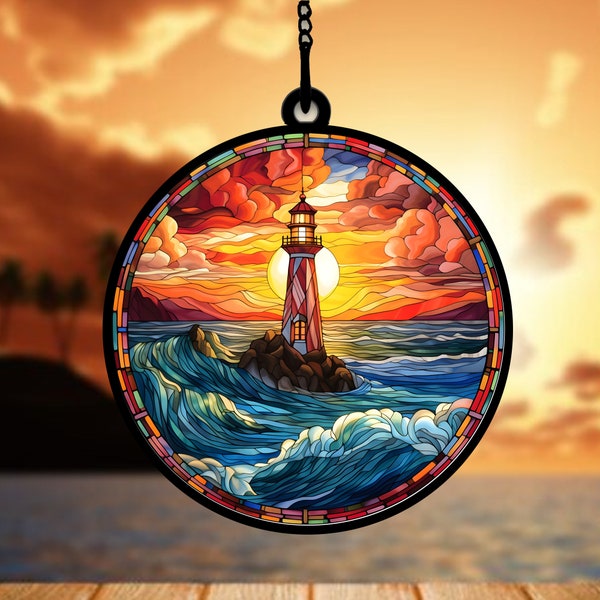 Ocean wave  Suncatcher, Lighthouse decor, Sunset Suncatcher, Window hangings Gifts, Ocean Ornament, Sea Suncatcher Ornament, Gift for her