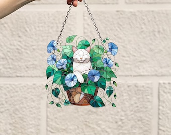 Personalized Suncatcher cat, Blue morning Glovy Flowers Suncatcher, Acrylic Flowers Wall Window Hanging Art Decoration, Cat decor. Mom  gift
