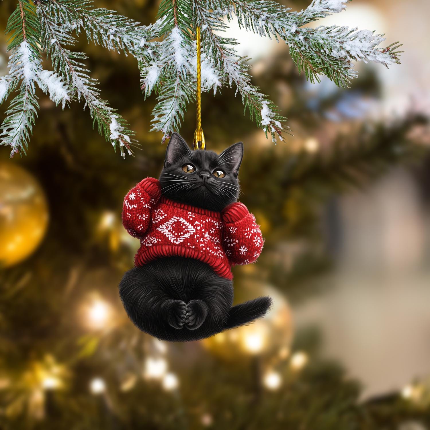 パーソナライズされた黒猫のクリスマスオーナメント：アクリル製