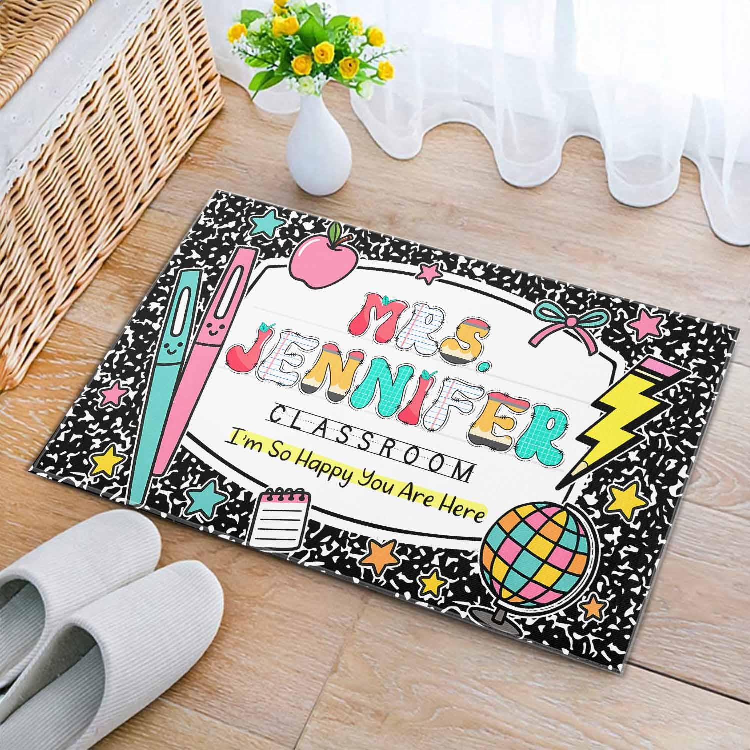 Personalized Teacher Classroom Doormat, Teacher Name Welcome Mat, Teacher Appreciation Gift, Composition Notebook Classroom Office Doormat