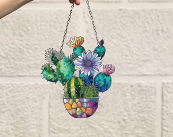 Cactus Window Hanging, Mica Yellow Flowers, Flowers Acrylic Window Hanging Art Decoration, Cactus pot decor Ornament, Gift for her