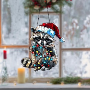 Raccoon Christmas Ornament, Feral Raccoon Acrylic Window Hanging, Funny Christmas Lights Raccoon, Christmas gift, Animal Lover Gift
