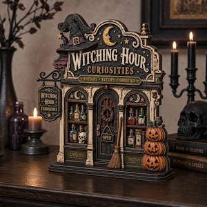 Puede incluir: Un adorno de mesa que representa una tienda titulada Witching Hour Curiosities. La estructura incluye un sombrero de bruja, una luna creciente, estantes con botellas en miniatura, una calavera, una escoba y tres calabazas naranjas apiladas.