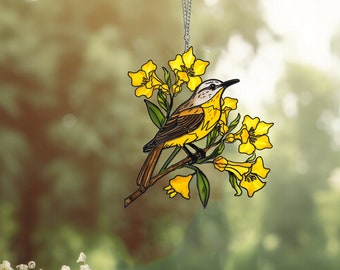 Suncatcher Yellow flowers, Mica Yellow jessamine, Carolina State Bird Wall Window Hanging Art Decoration,Suncatcher Ornament, gift for her